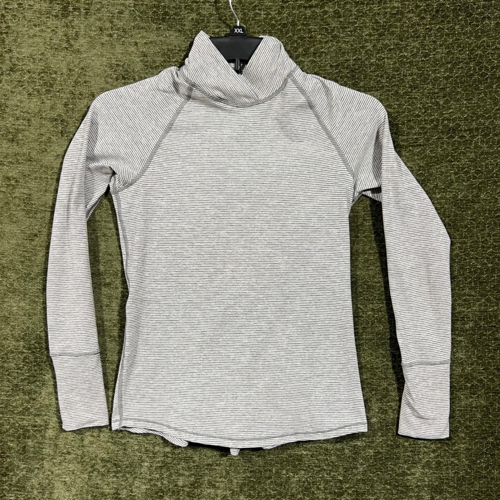 Lululemon Warm Your Core Womens Sz 4 Gray White Striped Funnel Neck Thumbholes
